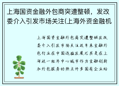 上海国资金融外包商突遭整顿，发改委介入引发市场关注(上海外资金融机构名单)